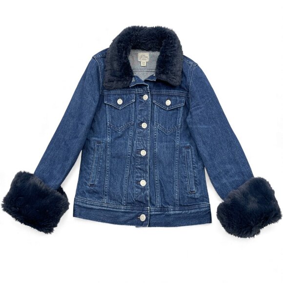 J. Crew Denim Jean Jacket With Faux Fur Collar & Cuffs Women's 2XS XXS - Picture 1 of 8